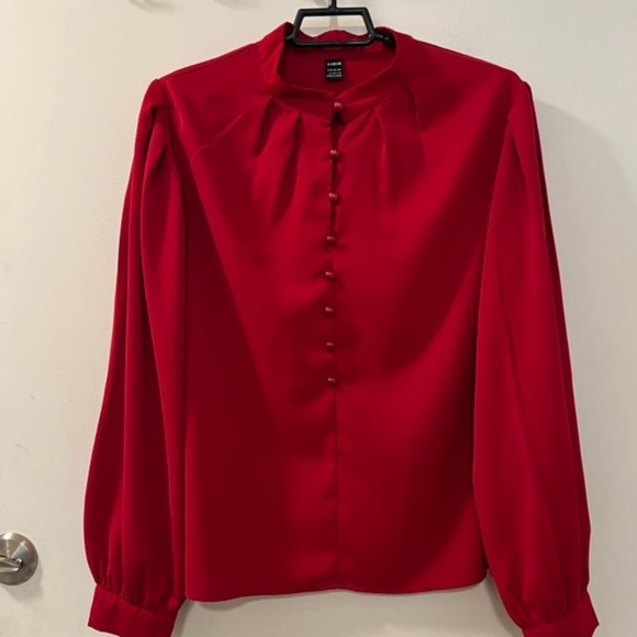 SHEIN Womens Red Bishop Sleeve Button Mock Neck LS Top Balloon Sleeve Size Large - Picture 3 of 11